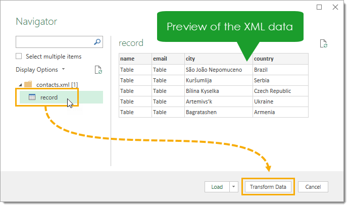 Navigator-Window-with-Data-Preview Import XML Files into Excel