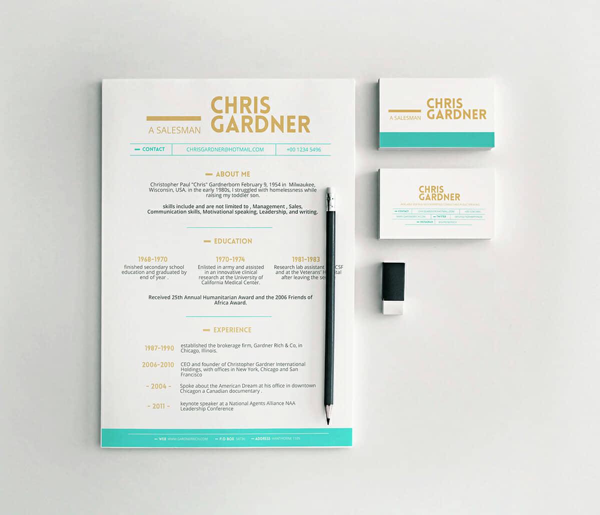 well designed resume with golden and mint details