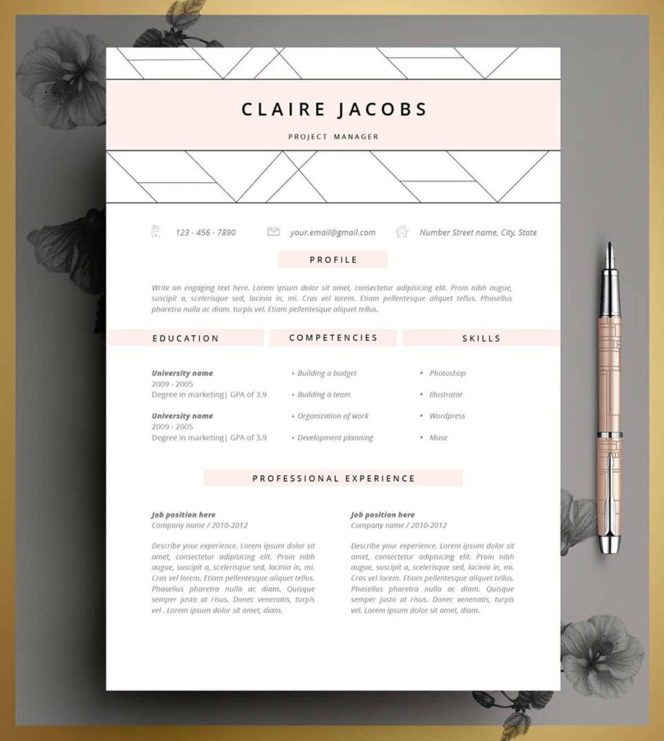 modern resume design with geometric header and pink elements