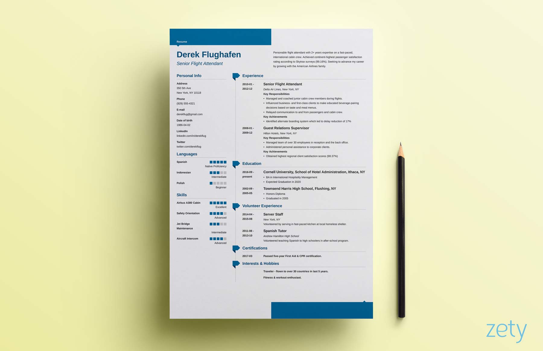 blue resume design with geometric section titles tags