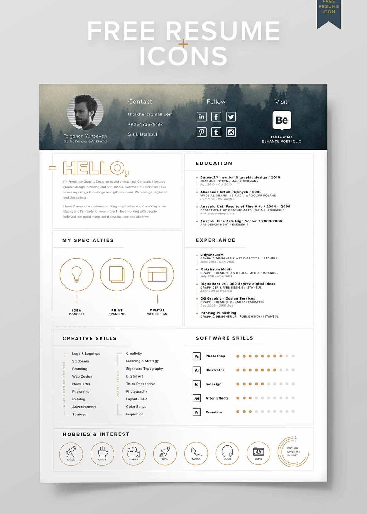 good resume design with golden icons and photo in header