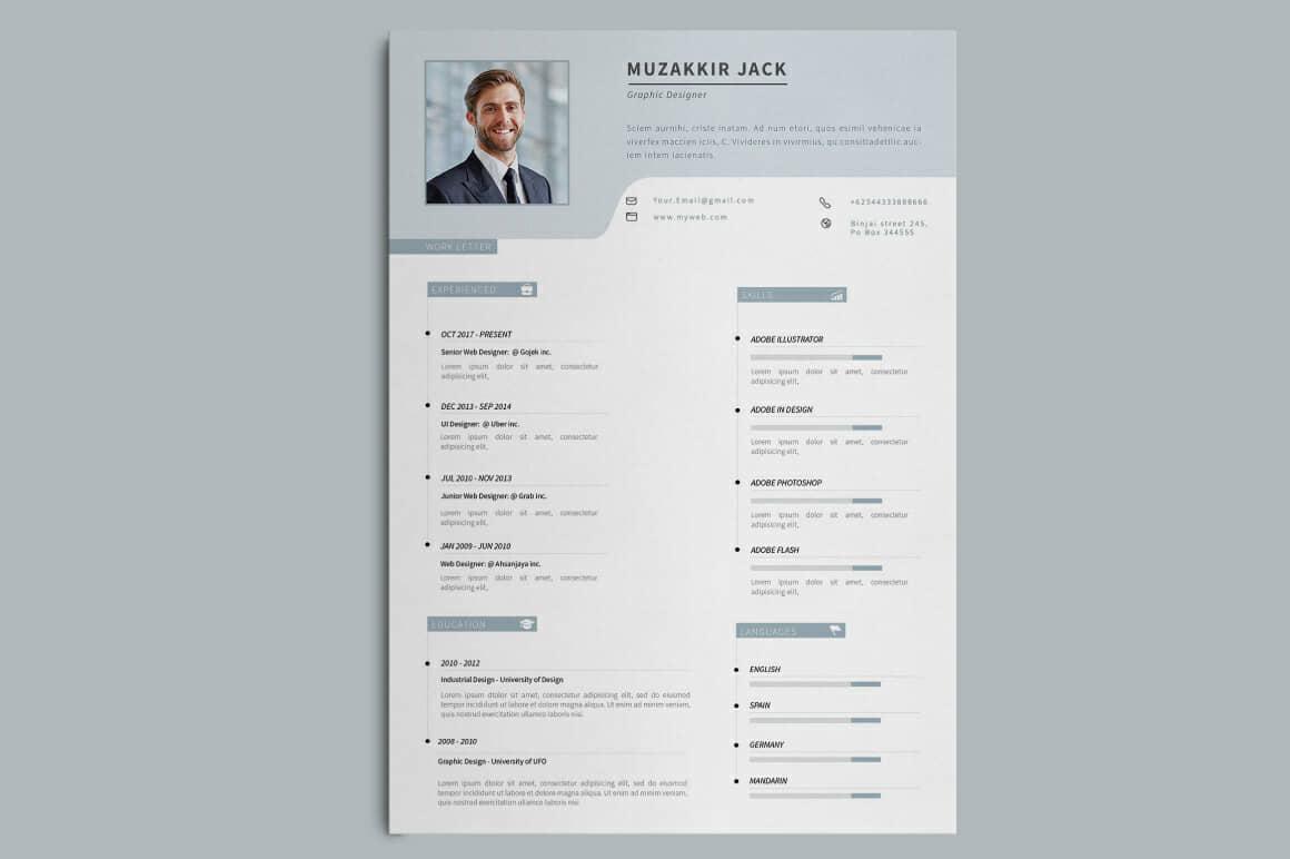 simple resume design with grey header and section titles