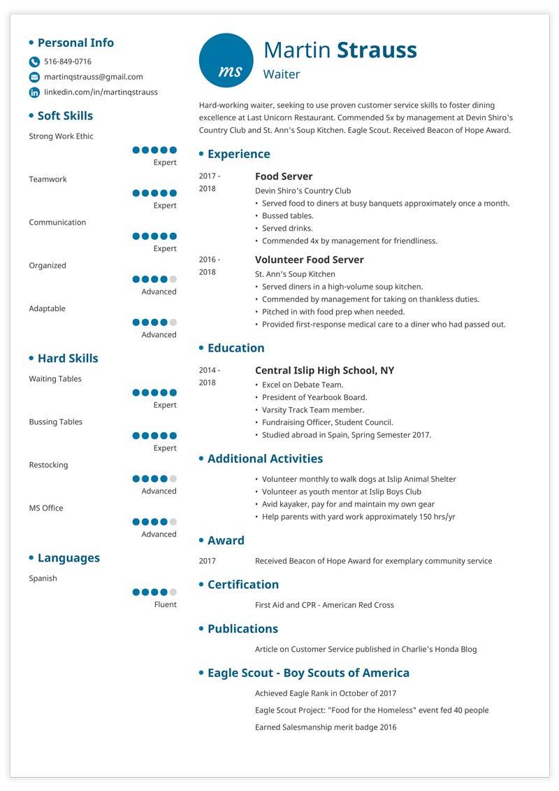 teen resume template with blue elements