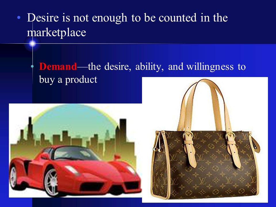 Desire is not enough to be counted in the marketplace Demand—the desire, ability, and willingness to buy a product