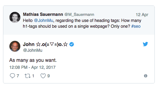 Q & A Quote : How many h2-tags should be used on a single webpage?; Answer: As many as you want. Google